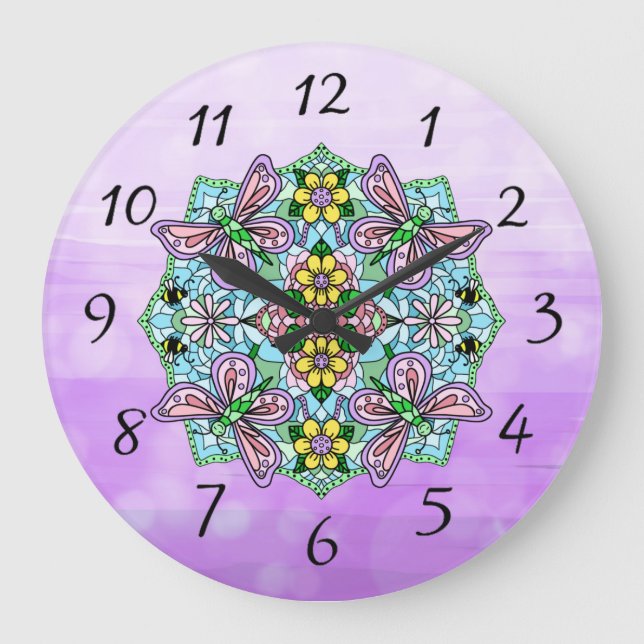 Butterfly Mandala Whimsical Hand Drawn  Large Clock (Front)