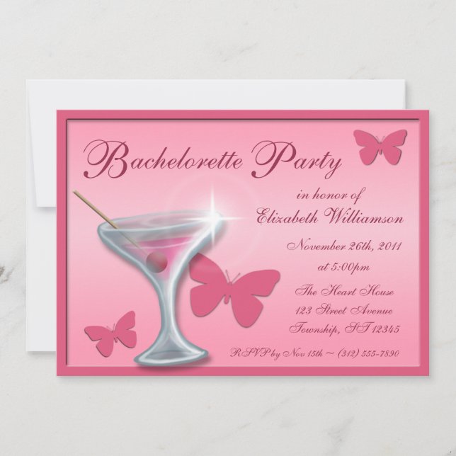 Butterfly Martini Bachelorette Party Invitations (Front)