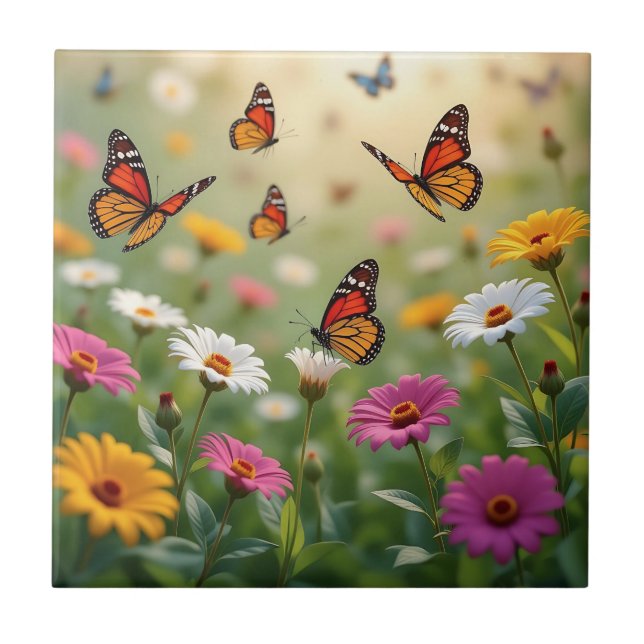 Butterfly Meadow Seamless Pattern Vibrant Flowers Ceramic Tile (Front)