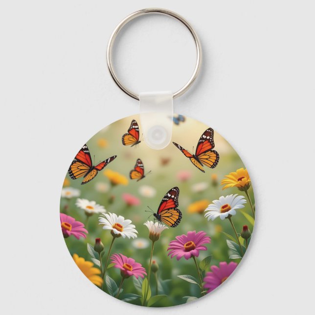 Butterfly Meadow Seamless Pattern Vibrant Flowers Key Ring (Front)
