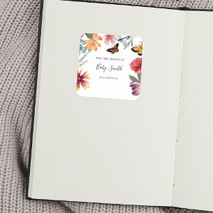Butterfly Meadows Baby Shower Bookplate Square Sticker