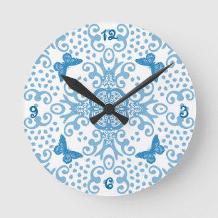 Butterfly Medallion Blue 'n White Round Clock