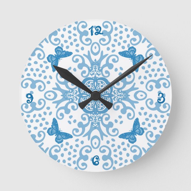 Butterfly Medallion Blue 'n White Round Clock (Front)