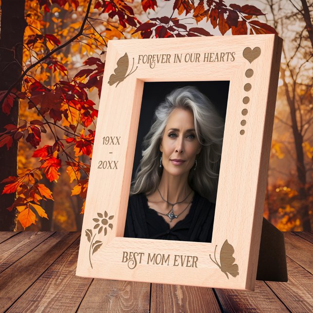 Butterfly Memorial Forever in our Hearts Photo Etched Frames (Simple and elegant memorial etched picture frame featuring butterflies, a flower and heart. )