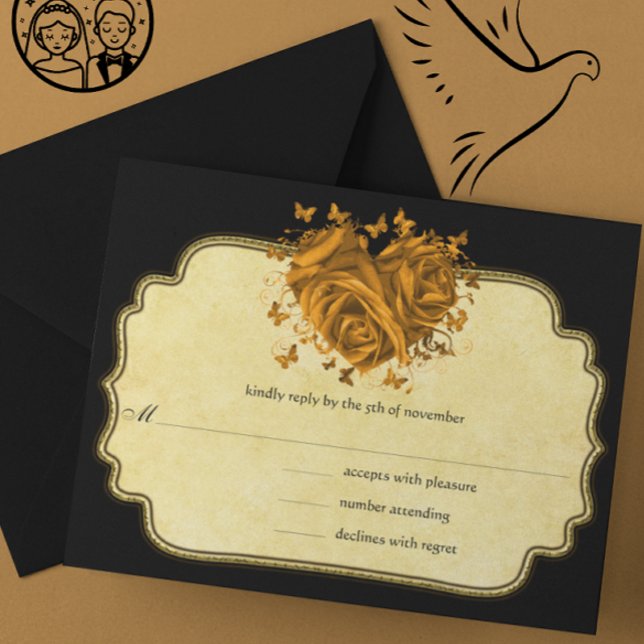 Butterfly Metallic Gold Heart Gold Faux Parchment RSVP Card (Creator Uploaded)