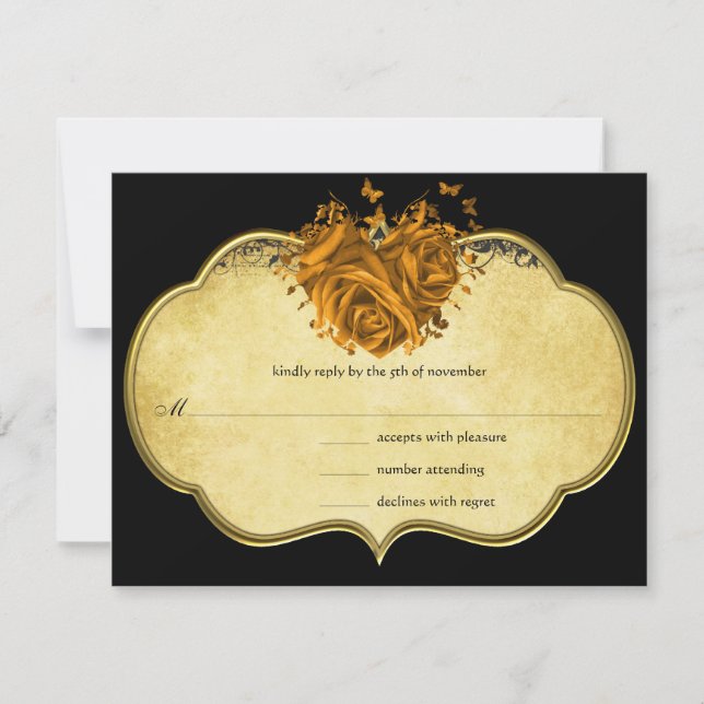 Butterfly Metallic Gold Heart Gold Faux Parchment RSVP Card (Front)