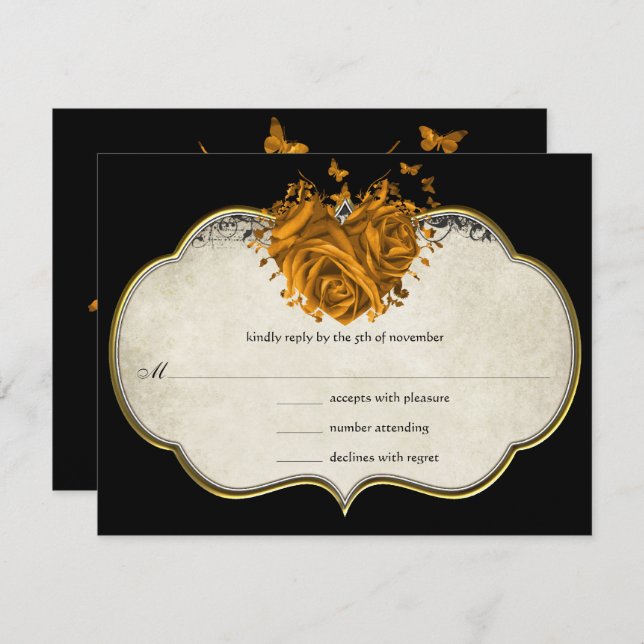 Butterfly Metallic Gold Heart Tan Faux Parchment RSVP Card (Front/Back)
