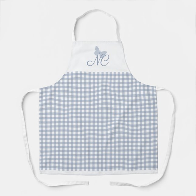 Butterfly Monogram Dusty Blue Gingham Checks Apron (Front)