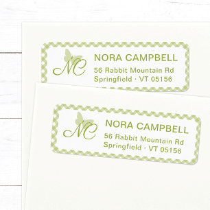 Butterfly Monogram Green Gingham Return Address Label