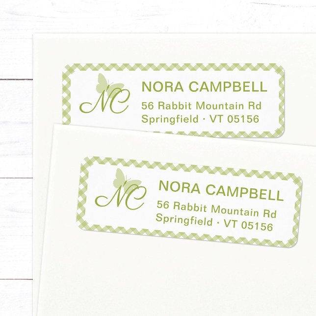 Butterfly Monogram Green Gingham Return Address Label (Modern, elegant butterfly monogram return address label in light green with plaid background.)