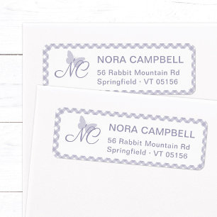 Butterfly Monogram Lavender Gingham Return Address Label