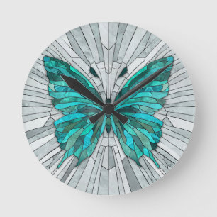 Butterfly Mosaic -Emerald Green and Grey Round Clock