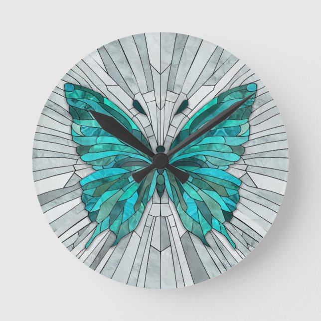 Butterfly Mosaic -Emerald Green and Grey Round Clock (Front)