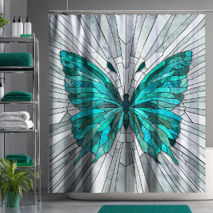 Butterfly Mosaic -Emerald Green and Grey Shower Curtain