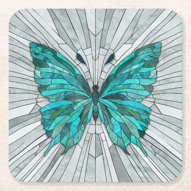 Butterfly Mosaic -Emerald Green and Grey Square Paper Coaster (Front)