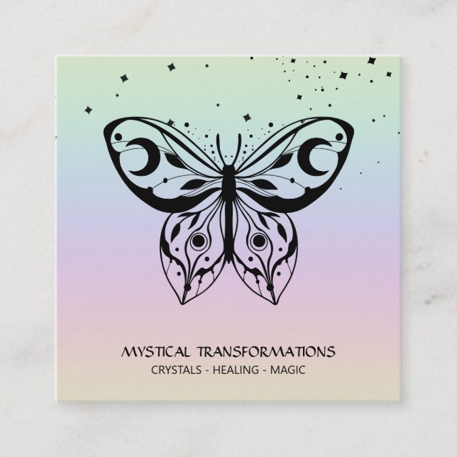 *~* Butterfly Moth Magic Boho Universe Rainbow Square Business Card (Front)