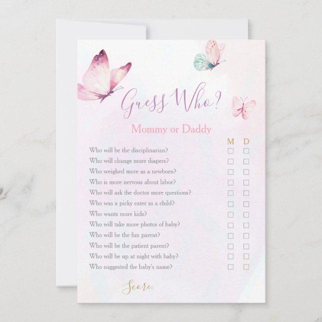 Butterfly Mummy or Daddy Baby Shower game Invitation (Front)