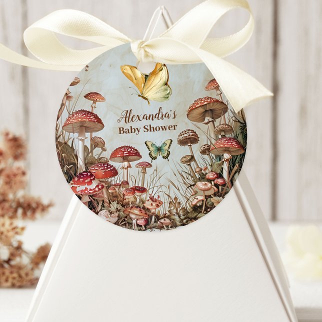 Butterfly Mushroom Woodland Nature Baby Shower Classic Round Sticker (Creator Uploaded)