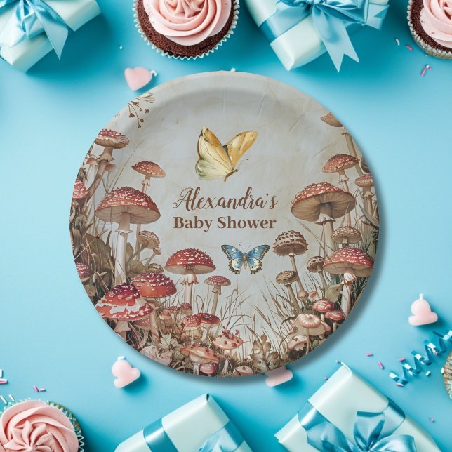 Butterfly Mushroom Woodland Nature Baby Shower Paper Plate (Creator Uploaded)