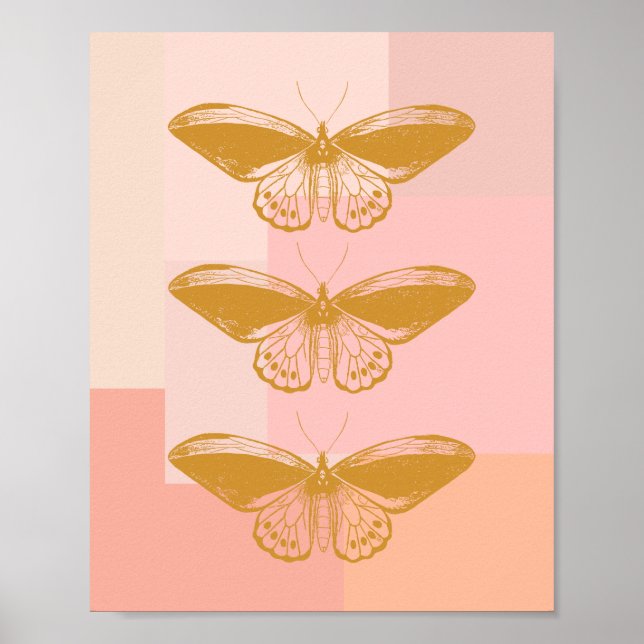 Butterfly Nature Illustration in Pink and Gold Poster (Front)