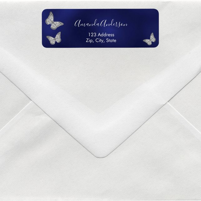 Butterfly navy blue silver return address label (Creator Uploaded)