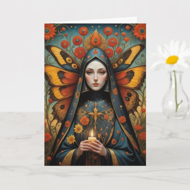 Butterfly Nun Holding Candle All Occasion Blank  Card (Small Plant)