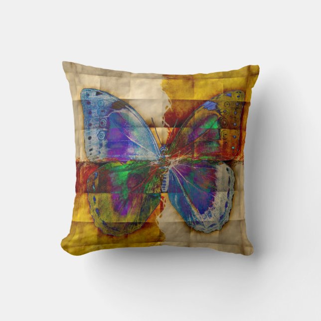 Butterfly on Antique Chequered Pattern Cushion (Front)