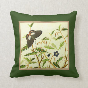 Butterfly on Blooming Bush Vintage Art on Green Cushion