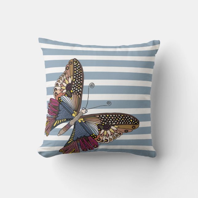 Butterfly on Blue & White Stripes Cushion (Front)