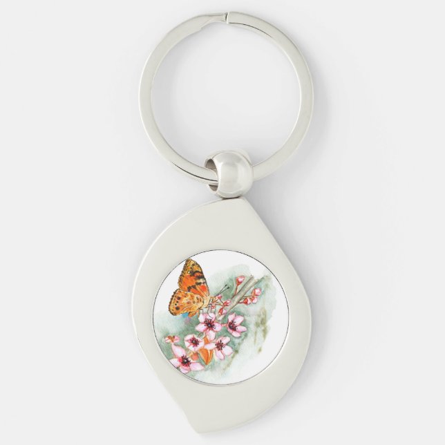 Butterfly on cherry blossoms key ring (Front)