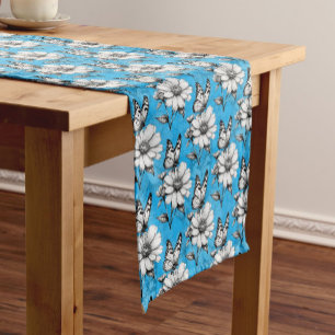 Butterfly On Flower Pattern Blue Design Short Table Runner
