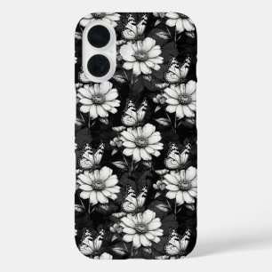 Butterfly On Flower Pattern Design - Black iPhone 16 Case