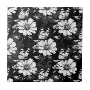 Butterfly On Flower Pattern Design - Black  Ceramic Tile