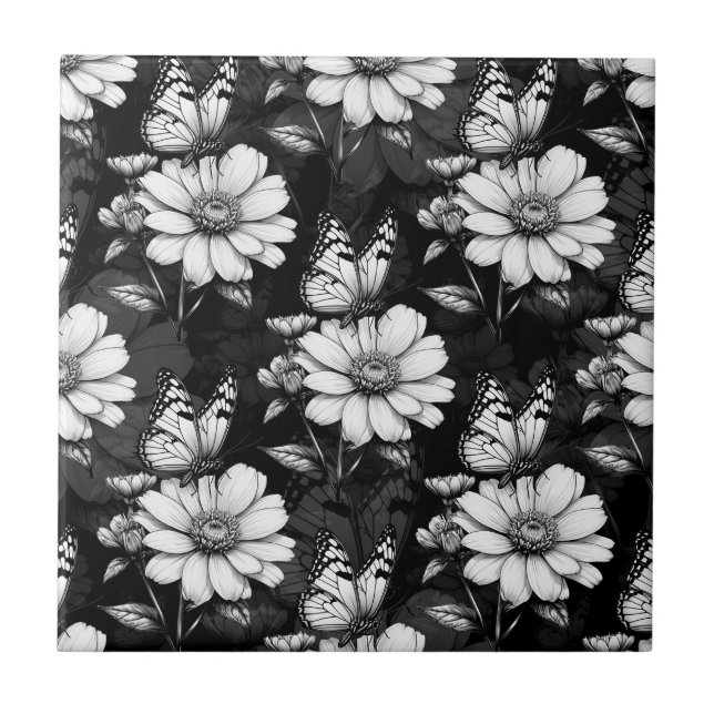Butterfly On Flower Pattern Design - Black  Ceramic Tile (Front)