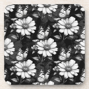 Butterfly On Flower Pattern Design - Black Coaster