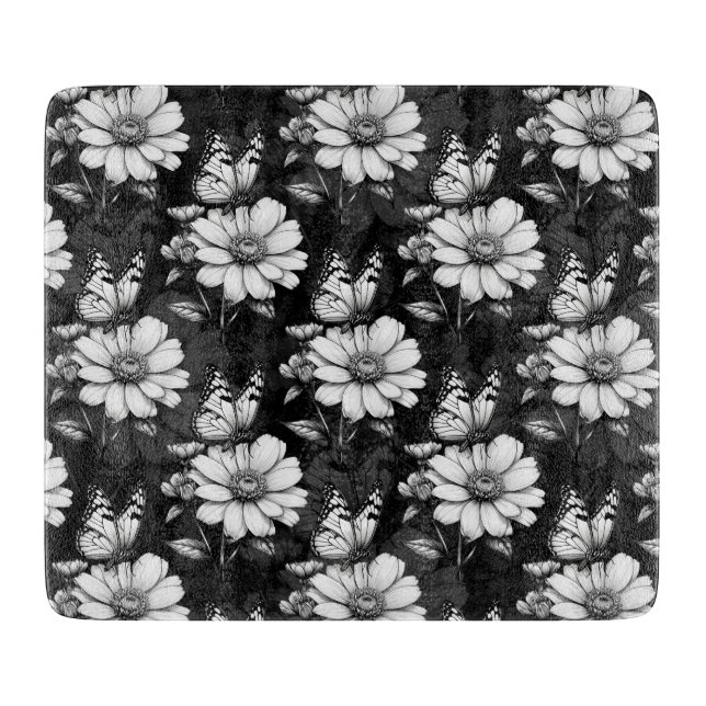 Butterfly On Flower Pattern Design - Black  Cutting Board (Front)