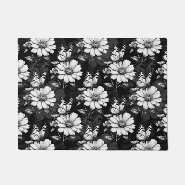 Butterfly On Flower Pattern Design - Black  Doormat (Front)