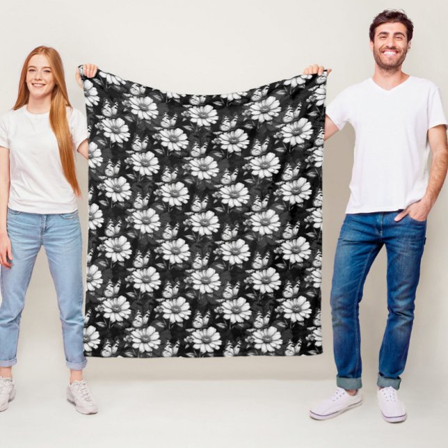 Butterfly On Flower Pattern Design - Black  Fleece Blanket (Creator Uploaded)