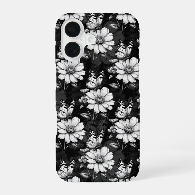 Butterfly On Flower Pattern Design - Black  iPhone 16 Case (Back)