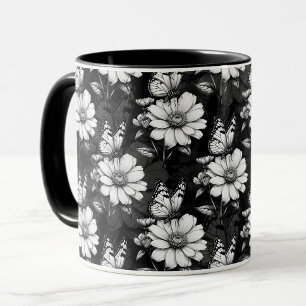 Butterfly On Flower Pattern Design - Black  Mug