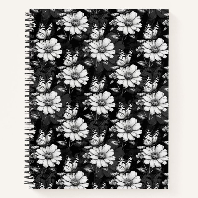 Butterfly On Flower Pattern Design - Black  Notebook (Front)