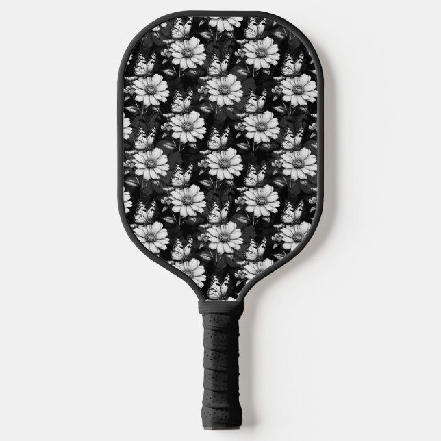 Butterfly On Flower Pattern Design - Black  Pickleball Paddle (Front)