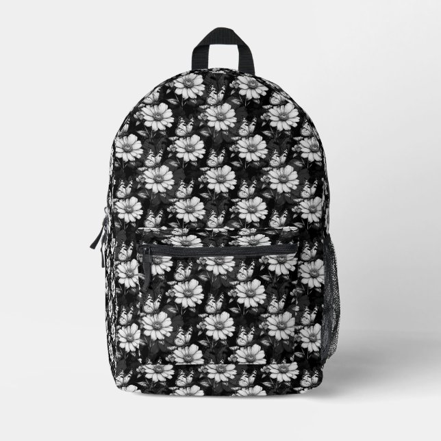 Butterfly On Flower Pattern Design - Black  Printed Backpack (Front)