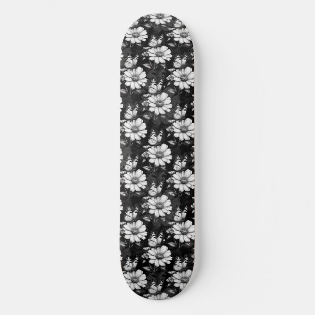 Butterfly On Flower Pattern Design - Black  Skateboard (Front)