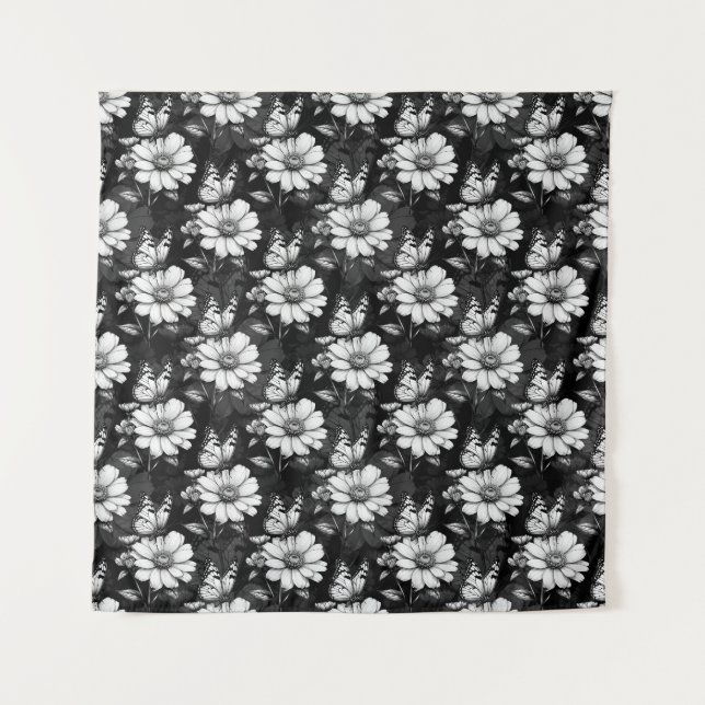 Butterfly On Flower Pattern Design - Black  Tapestry (Front)