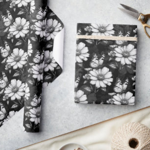 Butterfly On Flower Pattern Design - Black  Wrapping Paper