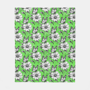 Butterfly On Flower Pattern Green Design   Fleece Blanket