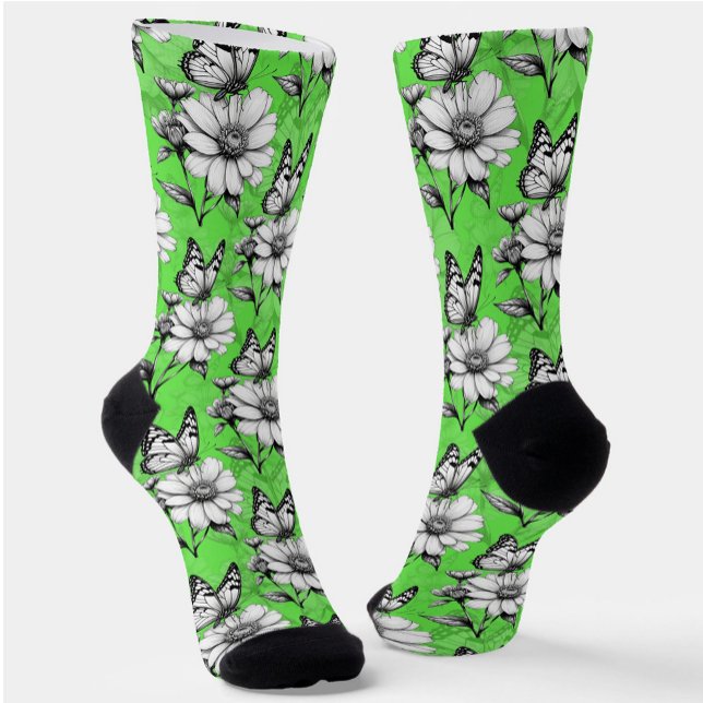 Butterfly On Flower Pattern Green Design   Socks (Creator Uploaded)
