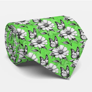 Butterfly On Flower Pattern Green Design Tie