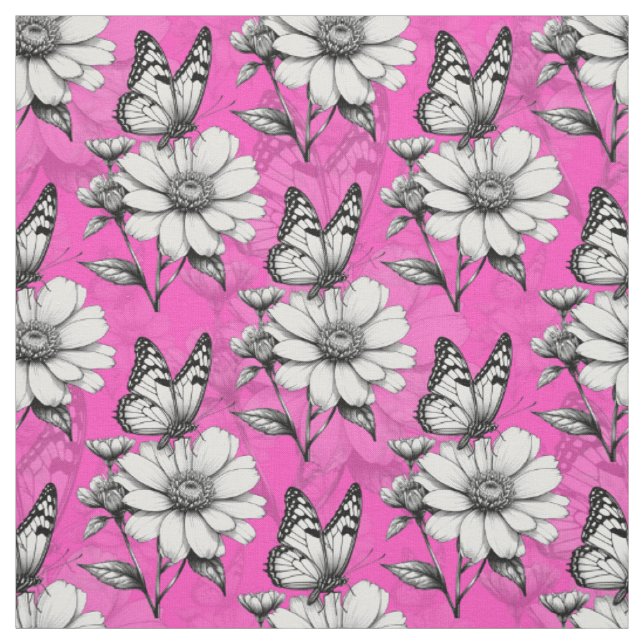Butterfly On Flower Pattern Pink Design   Fabric (Swatch)
